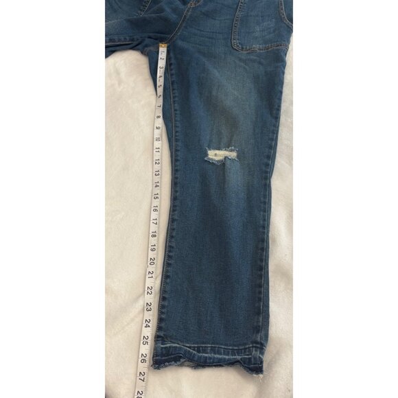 Indigo Blue Womens Distressed Navy Denim Overalls Size L Stretchy Side Panels - Picture 11 of 13